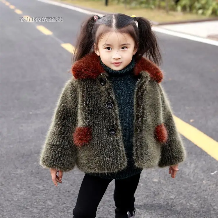 

Kids girlPU leather patchwork fox faux fur collar jacket coat down parkas thicken coat princess winter outerwear Mink fur coat