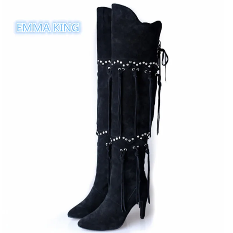 

Winter Suede Over The Knee Boots Women Rivets Fringe Designer High Heel Shoes Pointed Toe Lace Up Sexy Woman Stilettos Booties