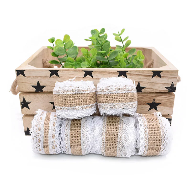 

2M/roll 2.5cm Jute Burlap Rolls With Lace Vintage Hessian Ribbon for Rustic Wedding Decoration Ornament Festival Party Supplies
