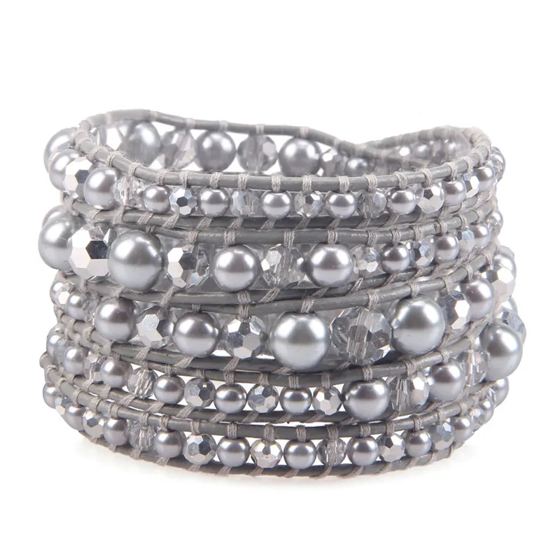 

Noble Temperament Crystal Pearl Beads Genuine Leather Handmade Multilayers Wrap Bracelets Woman Girl Silver Plated Charm Bangle
