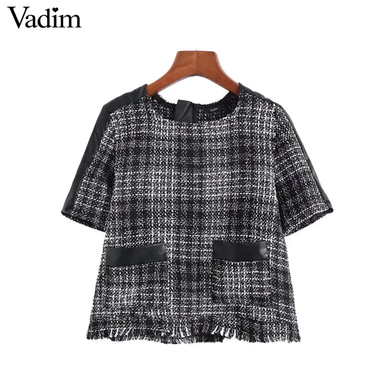 

Vadim vintage plaid tweed patchwork blouse pockets tassels short sleeve o neck shirts ladies casual chic tops blusas DA189