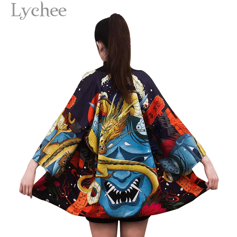 يتشي المتناثرة الشيطان التنين النساء كيمونو سترة بلوزة تسعة الربع كم عارضة فضفاض الإناث بلوزة قميص أعلى