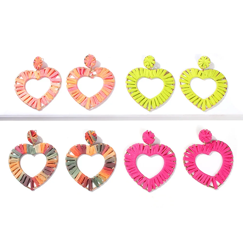 

JOUVAL Heart Shape Alloy Drop Earrings For Women Summer Raffia Handmade Boho Earring Hollow Out Summer Party Eardrop Brincos