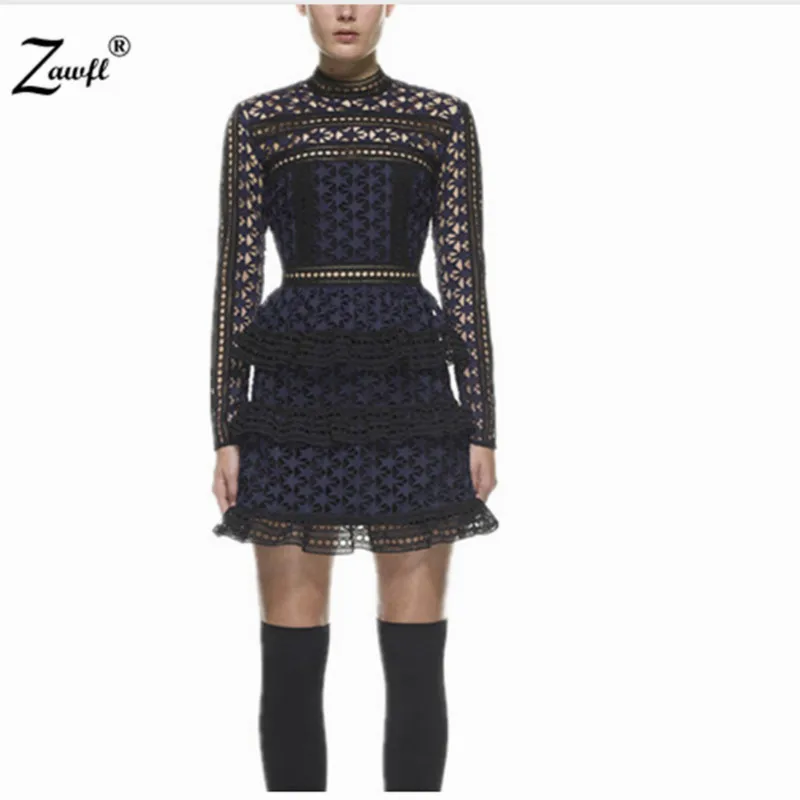 

ZAWFL High-end custom portrait female clothing 2019 autumn/winter fashion runway style blue/white Self portrait lace dress