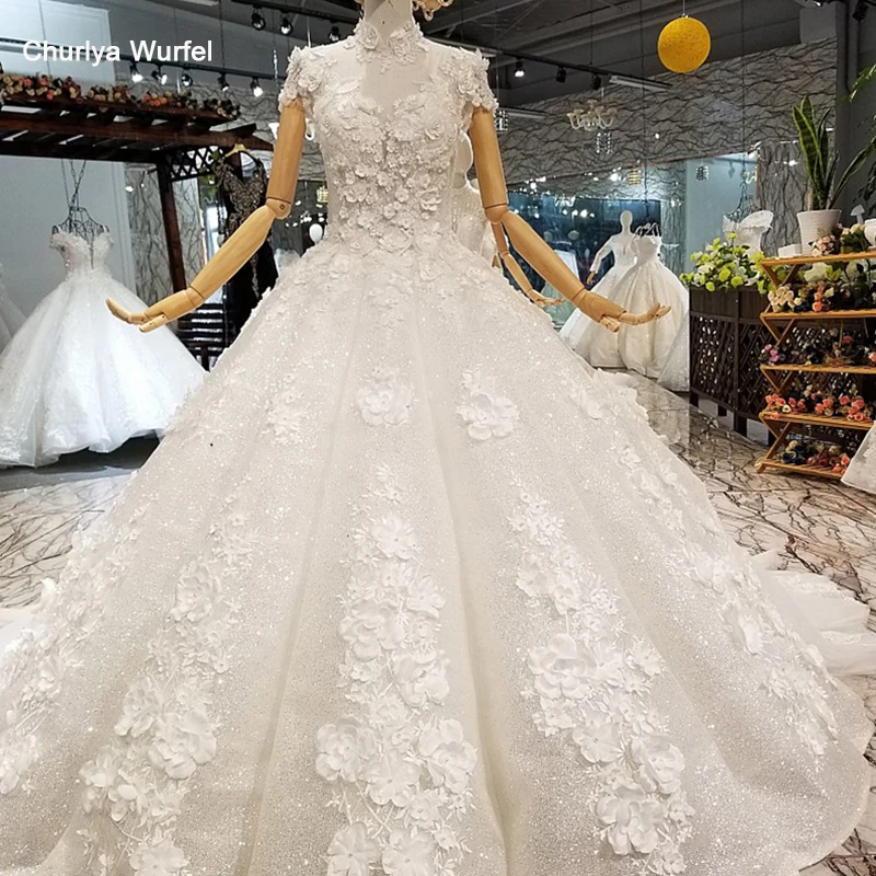 

LS850321 shiny ball gown wedding dress petal flowers high neck short sleeves elegant wedding gown fast shipping free delivery