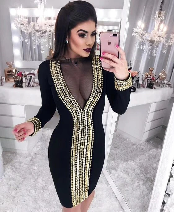 Vestido Bandage negro con remaches para mujer, minivestido de noche para celebridades, ropa para discoteca, de 2019|Vestidos| - AliExpress