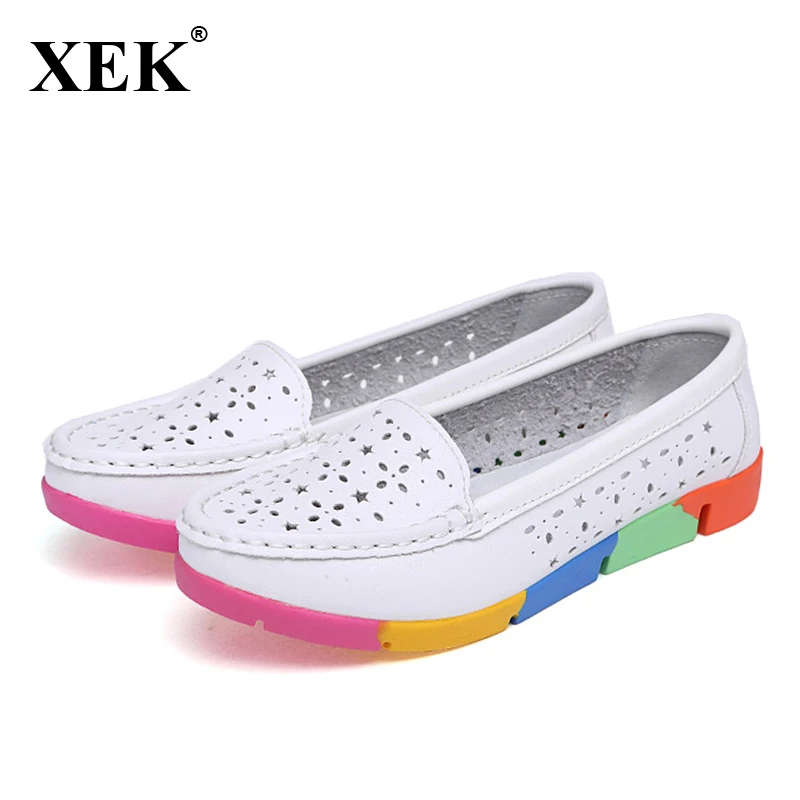 

2017 Women Flats Solid Cut-outs Comfortable Women Casual Shoes Round Toe Moccasins Loafers Breathable Colorful Sole Shoes XC39