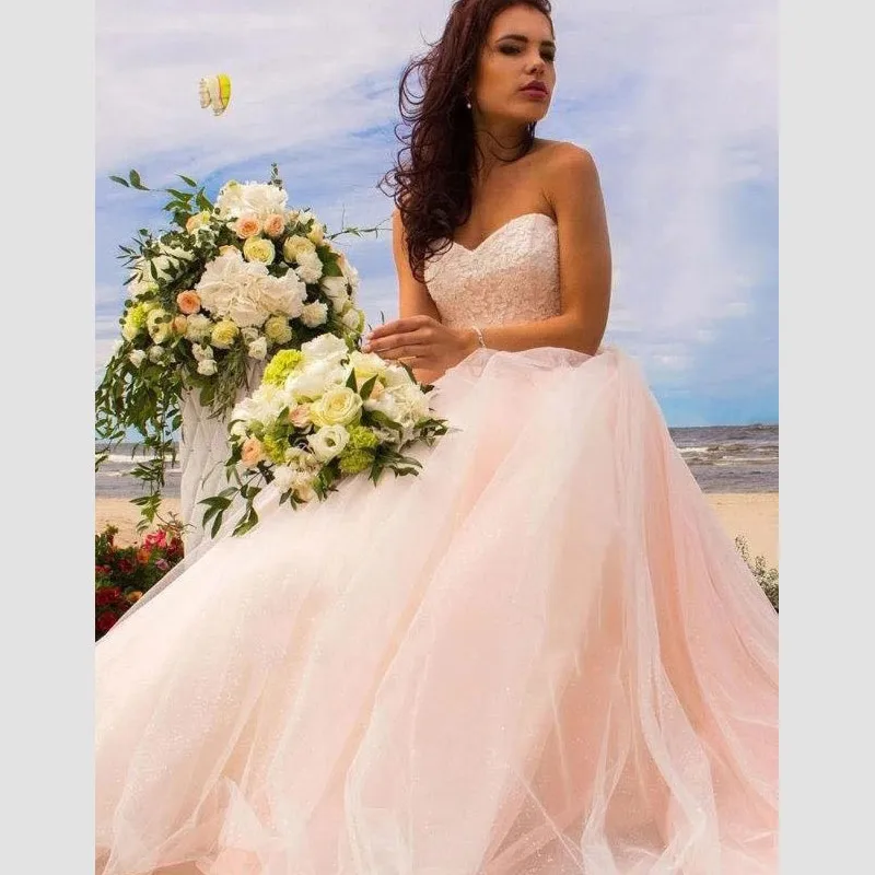 

Cheap Pink Wedding Dress With Lace Appliques Ball Gown Bridal Gown Lace Top Tulle vestido madrinha
