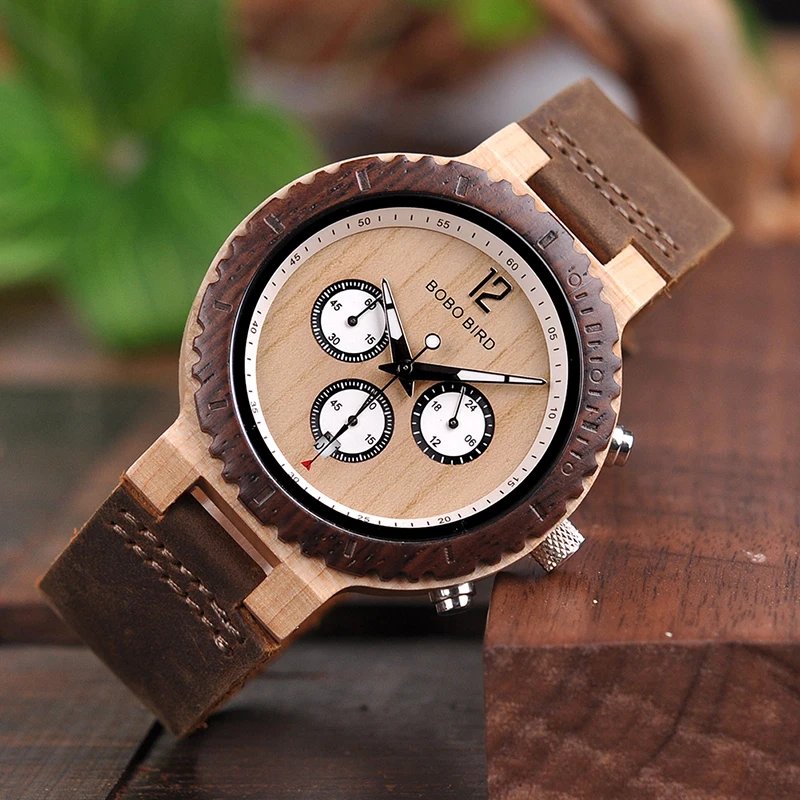 BOBO BIRD Two-tone Wooden Watches for Men Engraved Leather Chronograph Watch with Date Display relojes hombre 2018