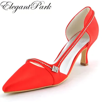 

Elegant Women Shoes A003 Red Mid Heel Rhintestones Prom Pumps Satin Lady Bridesmaids Women Wedding Bridal Shoes