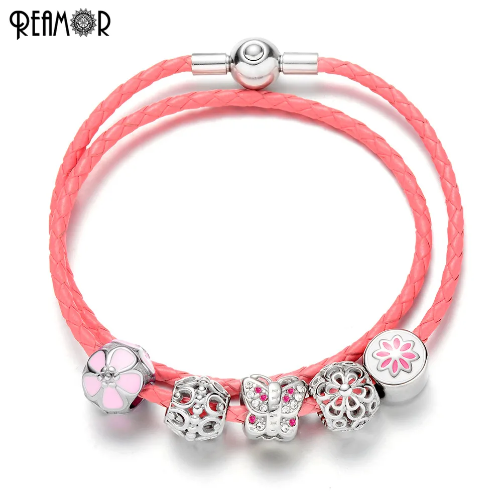 

REAMOR Crystal Butterfly Beads Genuine Leather Women Rope Chain Bracelet Pink Beaded Women Charms Bracelets Jewelry For Gifts