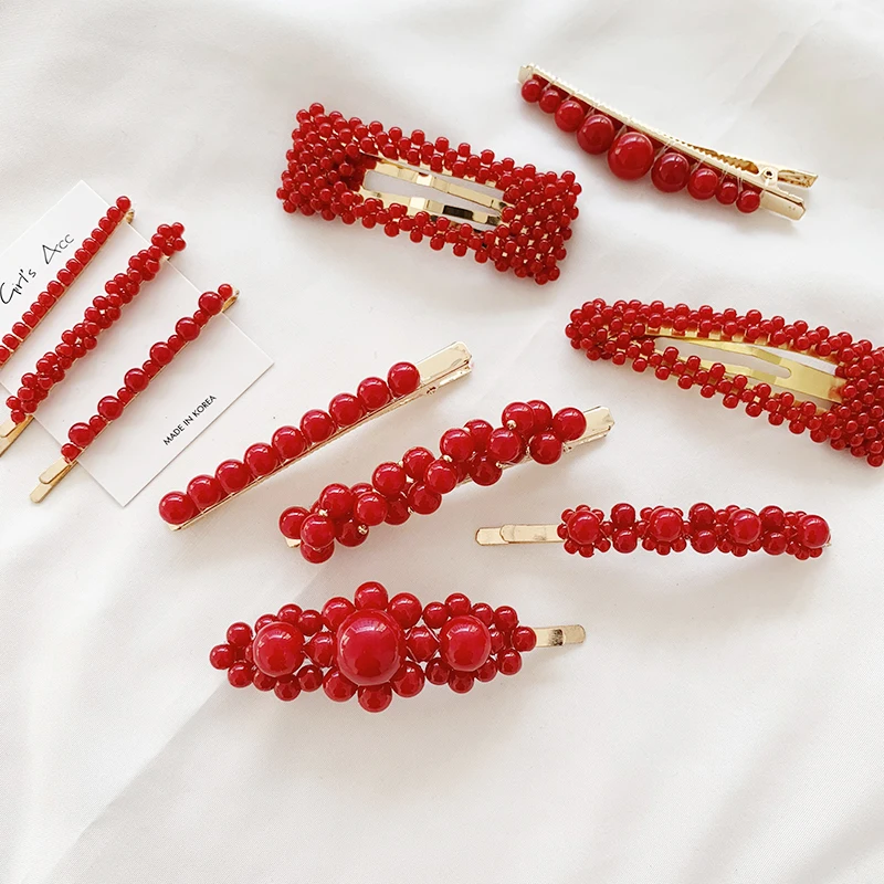 

2019 Fashion Metal Hair Accessories Geometricr Red Color Hair Clip For Women Imitiation Pearl Hairpin Barrettes Hairgrip