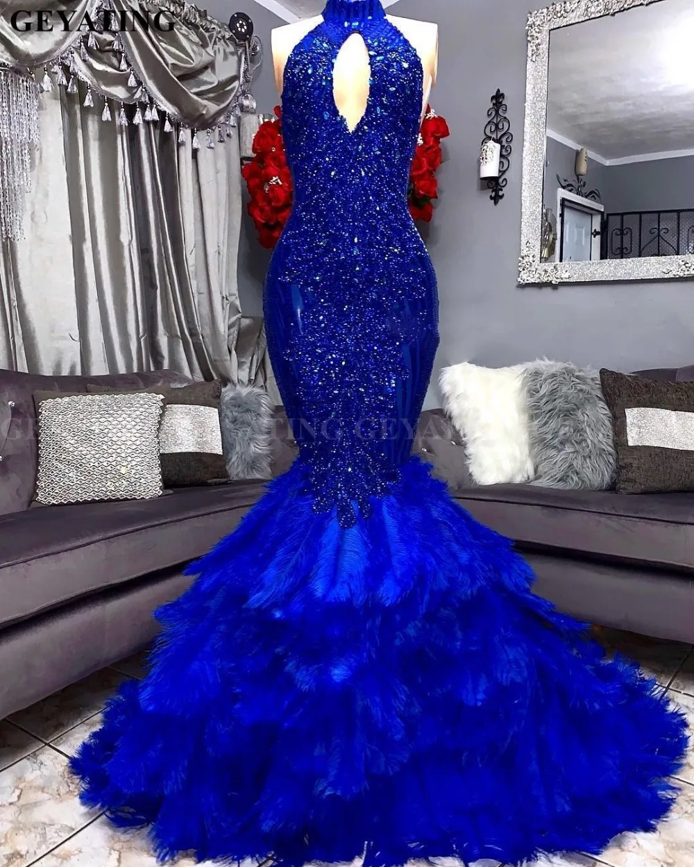 Royal Blue Feathers Mermaid Prom Dress 2019 Elegant Cut Out High