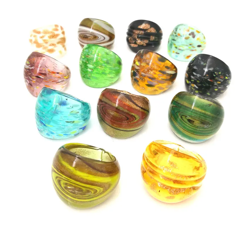 13 PCS Randomly Mixed With Coloured Glaze Muran Hot Gold Foil Color Rings More 17-19 MM finger ring ring set