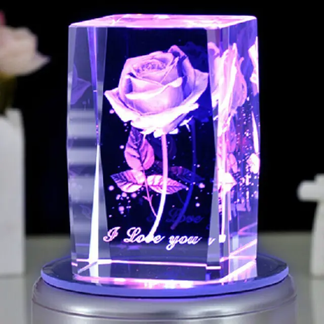 Rose 3D Laser Engraved Crystal Block Glass Led Engraving Cube With