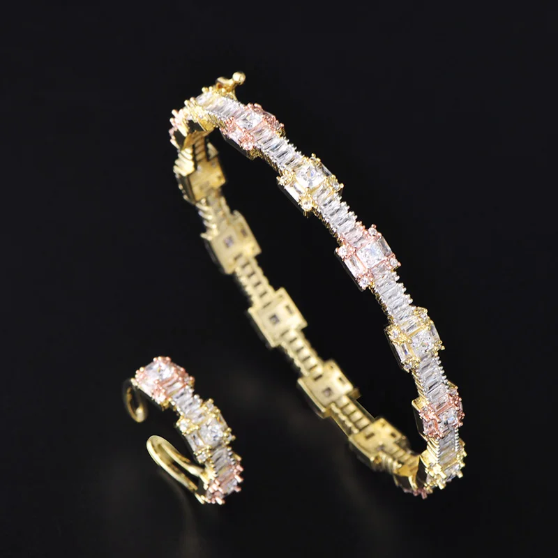 

Dazz Luxury Tricolor Square Zircon Copper Bangle Ring Set Women Wedding AAA Crystal Engagement Bridal Banquet Jewelry Sets 2019