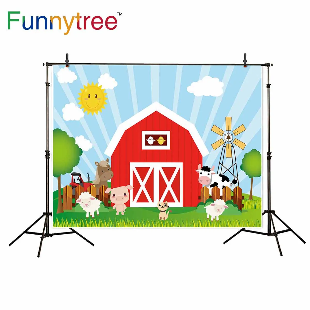 Фон Funnytree для фотостудии красный сарай ферма животные склад мультфильм дети