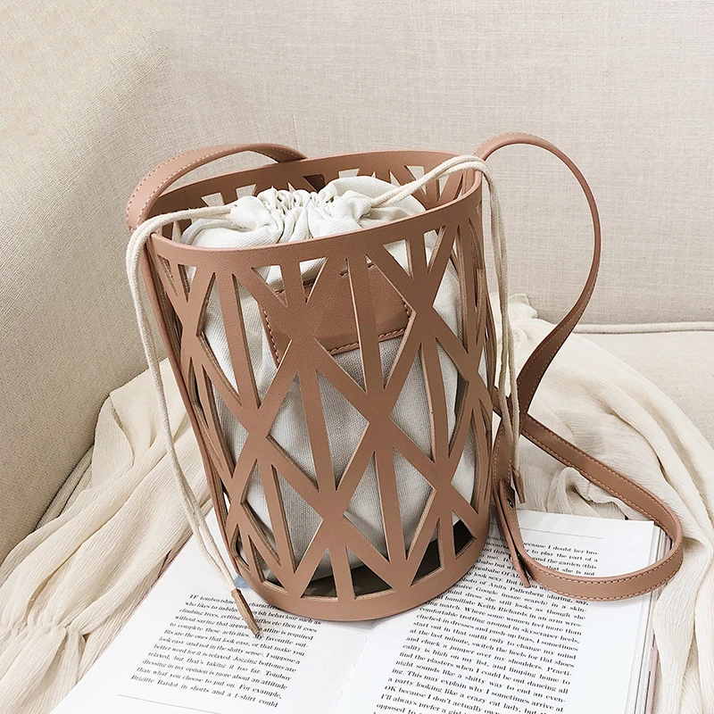 

2PCS/SET Drawstring PU Leather Bucket Bag For Women 2019 Designer Small Hollow Crossbody Bags Ladies Shoulder Bags Handbags