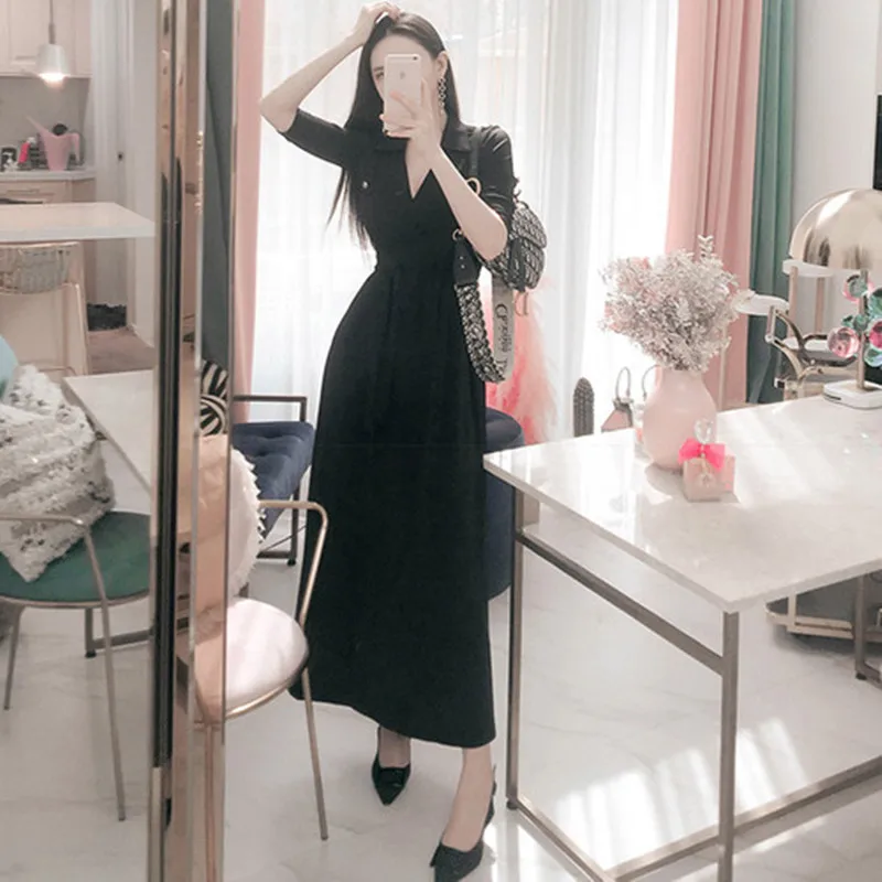 

2019 Spring Korean Style Sexy Patchwork Eegant Dress Women V Neck Mesh Waist Dresses Long Swing Vestido with sashes