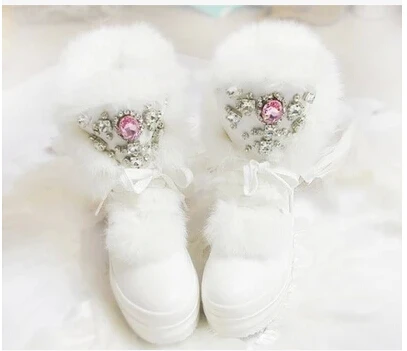 Real Rabbit Fur Winter Boots Rhinestones Diamond Fashion Snow Boots Thick Warm High Top font b