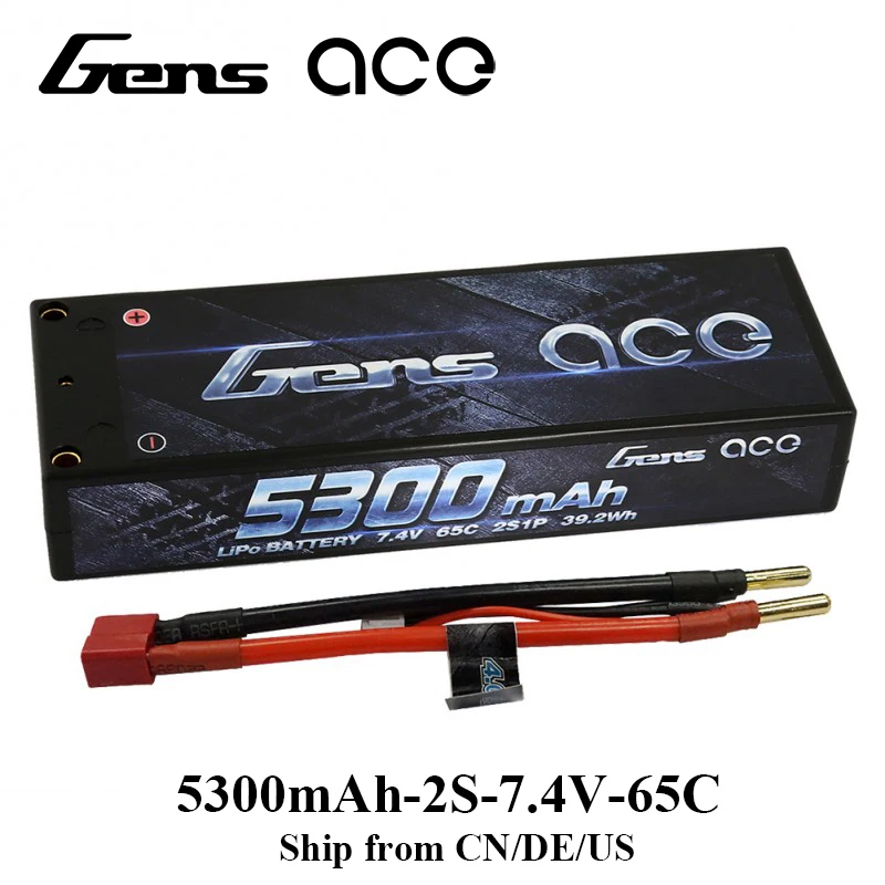 

Gens ace Lipo Battery 2S 5300mAh Lipo 7.4V Battery Pack 65C-130C ROAR Approved Battery for 1/8 1/10 RC Car 4.0mm Bullet to Deans