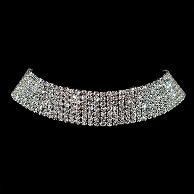 Сверкающее серебряное ожерелье-ошейник с кристаллами, ожерелье-чокер для невесты, женщин, для свадебной вечеринки, стразы, колье-чокер, ювелирные изделия, подарки - Окраска металла: 7 rows