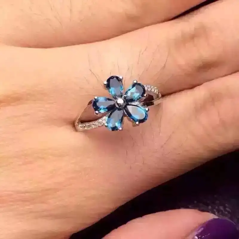 

Natural blue sapphire stone Natural gemstone ring S925 sterling silver trendy Elegant luxurious Flowers women party gift Jewelry