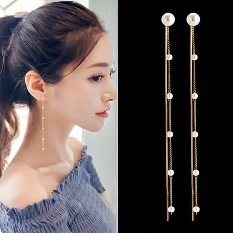 

Sale Metal Pearl Long Chain Earrings Tassel Dangle Line Simple Women Earrings Fashion Jewelry