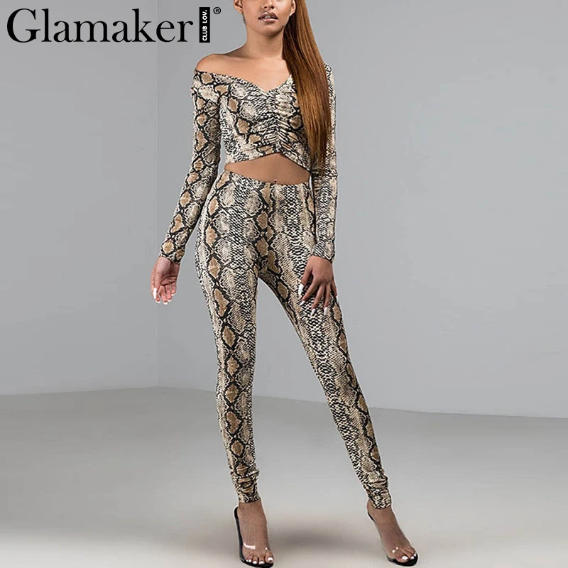 Glamaker Snake print two piece suit jumpsuit Female long sleeve bodysuit sexy jumpsuit romper Women romper overalls for women