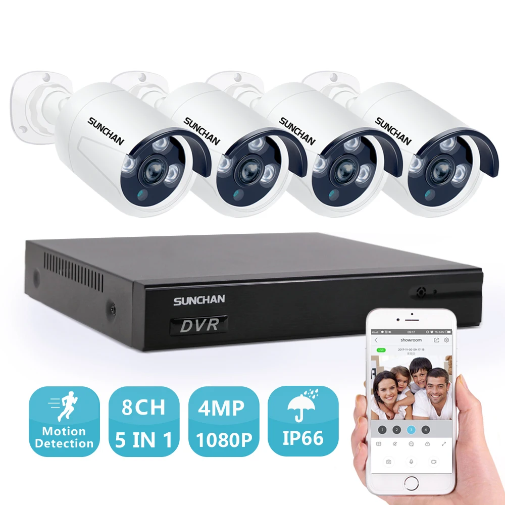

SUNCHAN CCTV Surveillance Kit 4pcs 4mp Security Camera System 8ch DVR Video Output Kit AHD CCTV System Free APP Remote View