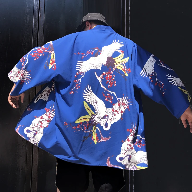 Japanese Style Harajuku Crane Plum Blossom Print Kimono Jackets 2018 Autumn Casual Mens Streetwear Jacket Coat Summer Thin Gown Japanese Style Harajuku Crane Plum Blossom Print Kimono Jackets 2018 Autumn Casual Mens Streetwear Jacket Coat Summer Thin Gown