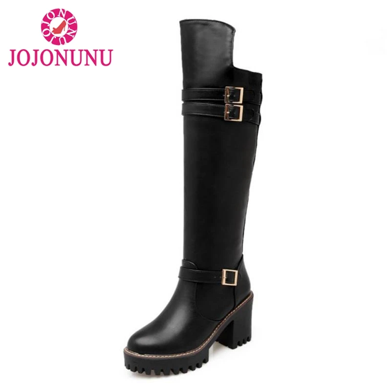 

FITWEE Vintage Women High Heels Boots Platform Buckle Winter Shoes Women Warm Fur Knee High Boots Motorcycle Shoes Size 34-43