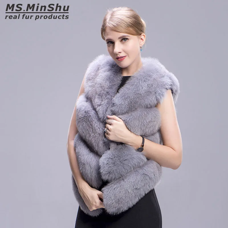 Ms De Femelle Gilet Renard Outwear Luxe Fourrure Minshu Sans Réel Naturelle Veste Manches Manteau Véritable grtRrY