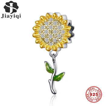

Jiayiqi Sunflower Gold Color Charm For Women Silver Bracelet 925 Sterling Silver Enamel Green Leaf Beads DIY Jewelry Accessory