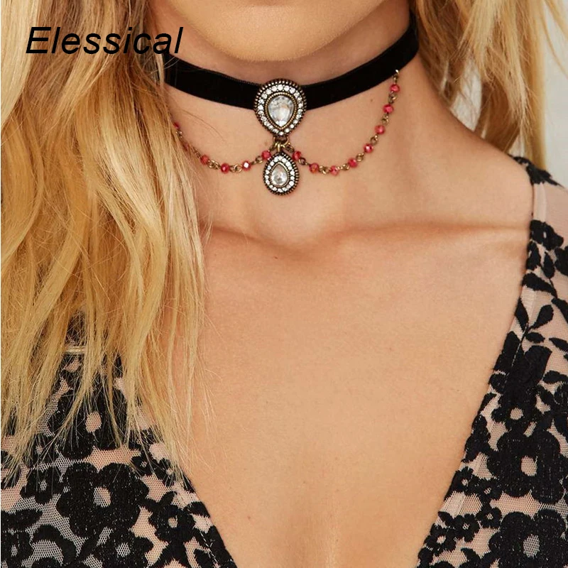 Elessical Vintage Ethnic Black Flocking Cloth Choker Jewelry