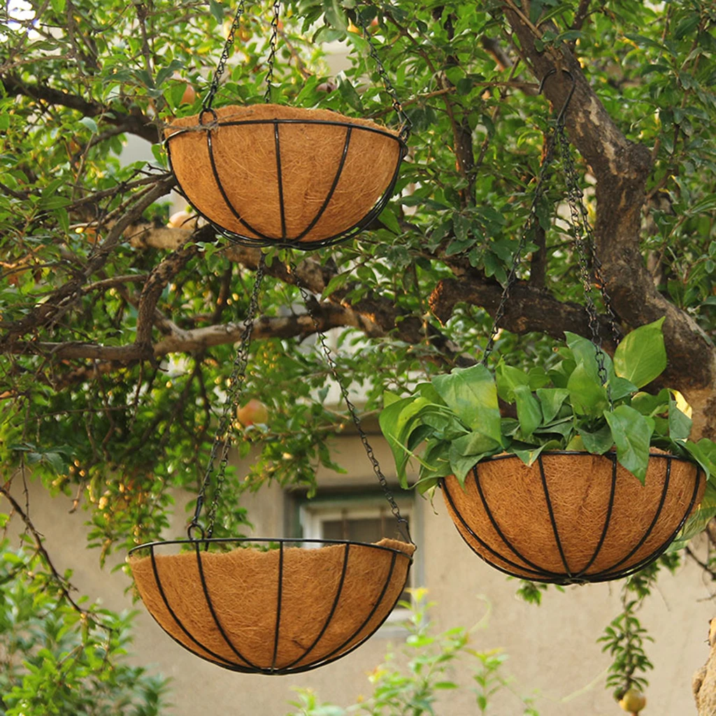 3pcs Hanging Coconut Basket Planter Flower Pot Back Black Metal Frame