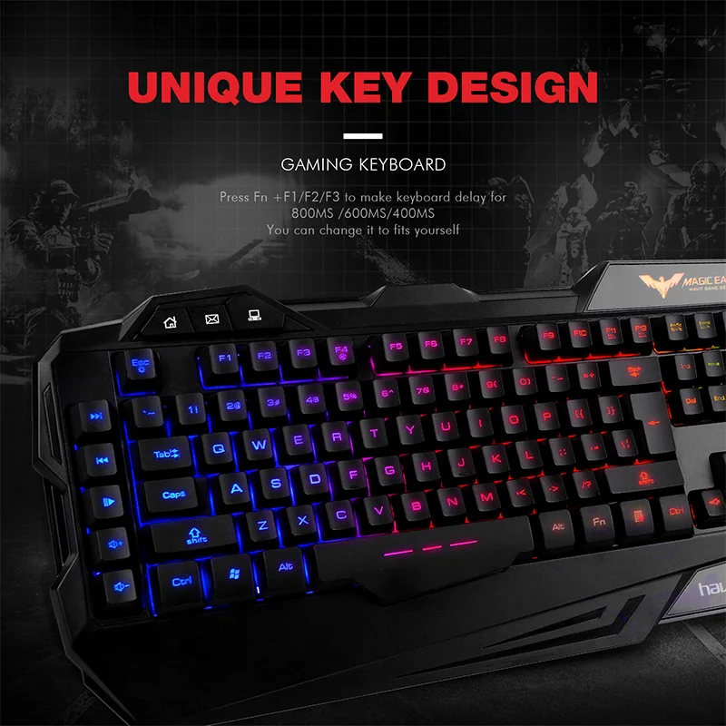 Продажа HAVIT игровая клавиатура мышь комбо с подсветкой светодиодный 19 анти ореоловых клавиш игровая клавиатура мышь с 7 цветным светильник 4 регулир...