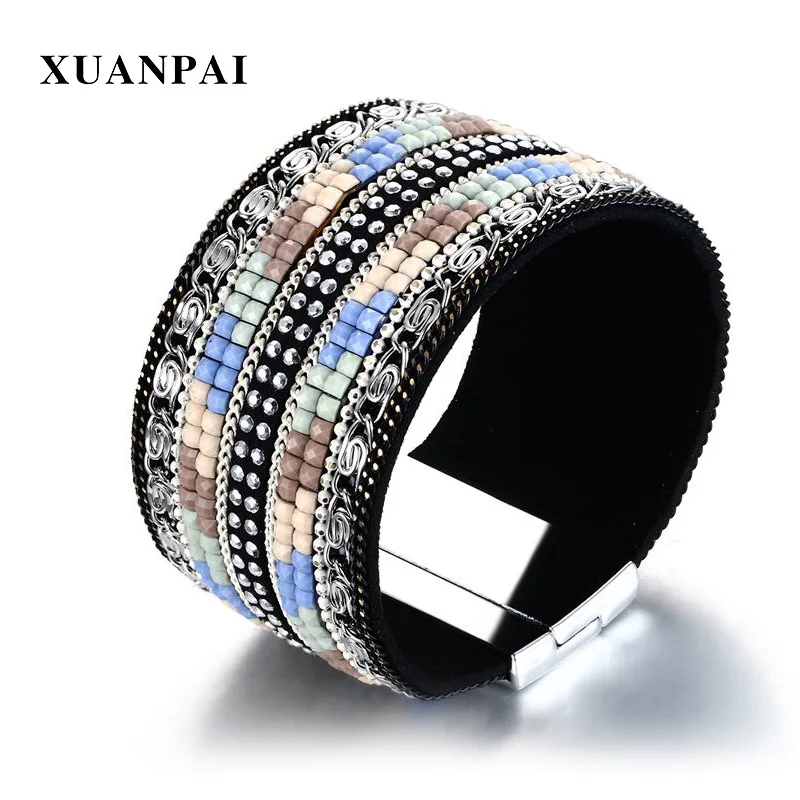 XUANPAI Rock Punk Womens Bracelet Vintage Multi color Leather Wrap Bracelets Bangles with Shiny