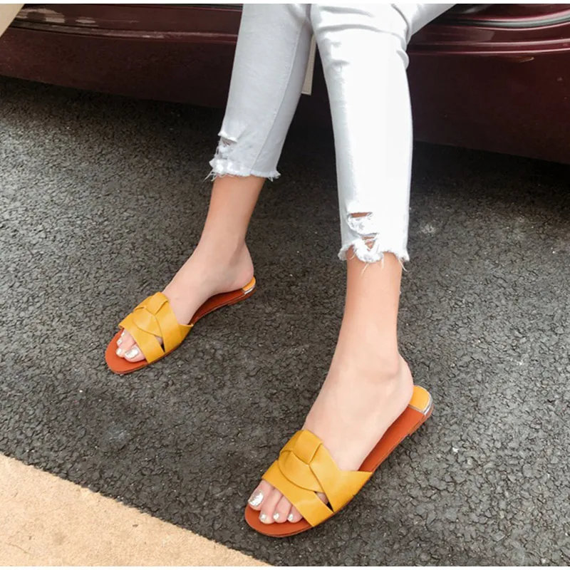 Women Slippers Slides Outdoor Ladies Flats Pu Leather Comfy Chic Soft Casual Elegant Summer Woman Fashion Shoes