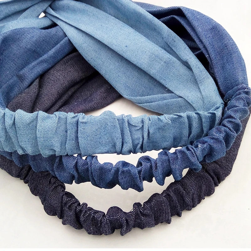 Girls Hair Rope Denim Fabric Elastic Headbands Stretch Twisted Cross Turban Headwrap Girls Hair Bands,Deep Blue