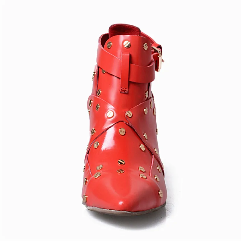 Jady/женские ботильоны из натуральной кожи с заклепками и шипами красного цвета, женские туфли-лодочки с острым носком на высоком каблуке