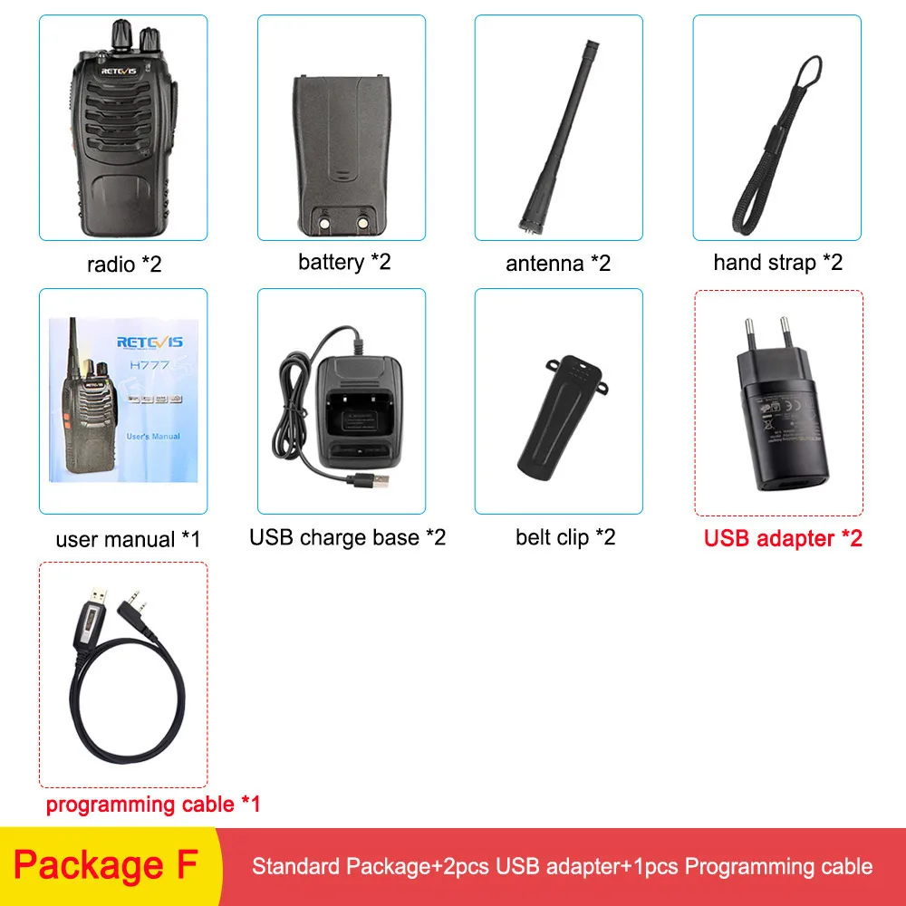 Package F 2 шт. RETEVIS H777 Walkie Talkie 3 Вт УВЧ двухсторонняя радиостанция приемопередатчик двухстороннее радио-коммуникатор зарядка через usb рация - Цвет: Package F
