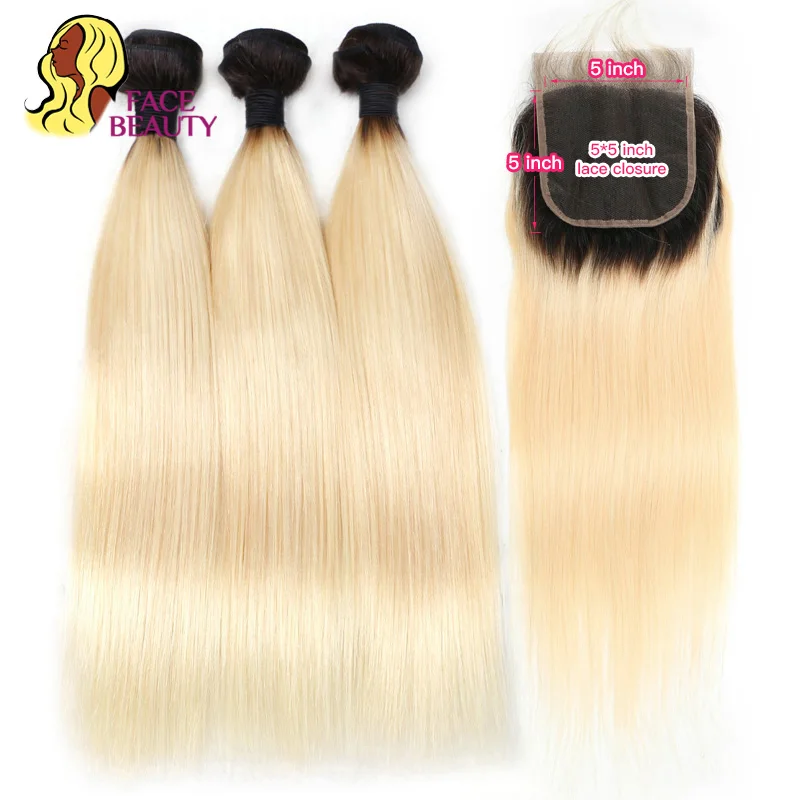 Facebeauty 1B 613 Омбре блонд 2/3 Связки Remy перуанские прямые человеческие волосы с/и 5x5
