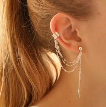 

Wholesale Punk Rock Style Woman Young Gift Leaf Chain Tassel Earrings Metallic Gold Earrings Ear Clip Jewelry 1Pcs