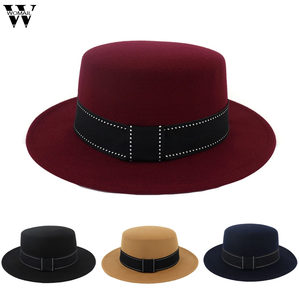 Womail hat summer fedoras Unisex Wide Brim Wool Felt Flat Top Fedora