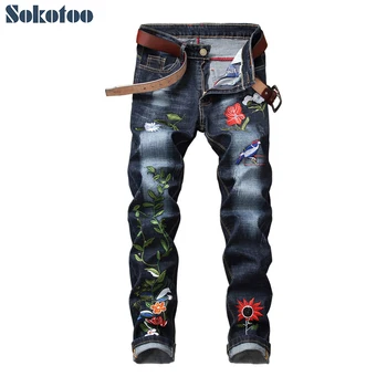

Sokotoo Men's floral embroidery stretch denim jeans Fashion slim fit pencil pants for man