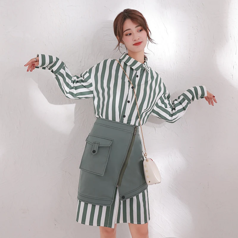 TWOTWINSTYLE Women's Sets Long Sleeve Striped Shirt Dress High Waist Mini Skirt Korean Fashion Two Piece Set Autumn New