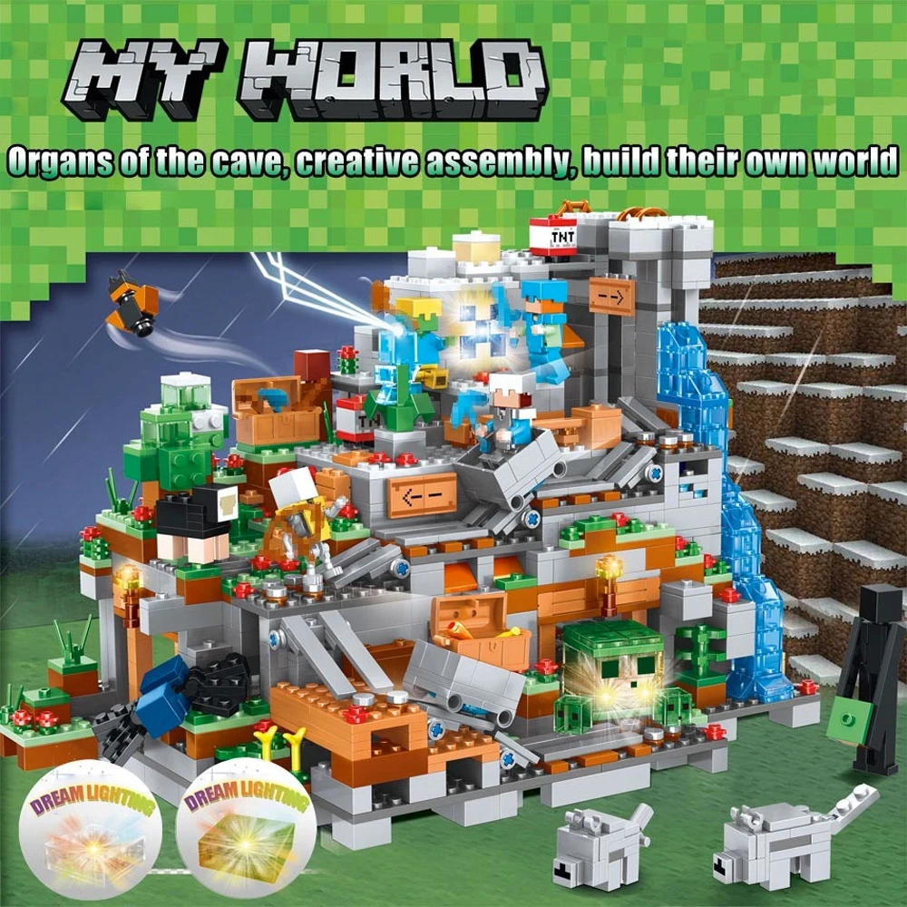 

Fit Legoness Minecraft Mechanism Cave Mountain Building Blocks Animal Alex Action Mini Figures Educationl Toys For Children Gift