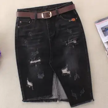

summer black high waist package hip denim skirt knee-length hole skinny split jeans skirt plus size 2XL
