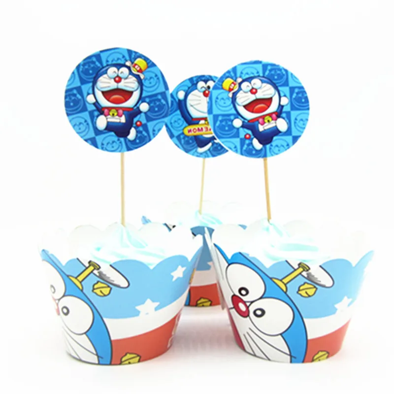 12 шт. обертки+ 12 шт. топперы Doraemon обертка для кексов топперы для детей на день рождения принадлежности для праздника и торта Чехлы для детского душа вечерние принадлежности